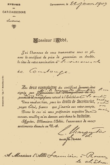 Lettre de mutation à Coustouges au procès de l'abbé Saunière