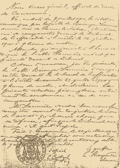 Courrier de l'Évêque au procès de l'abbé Saunière